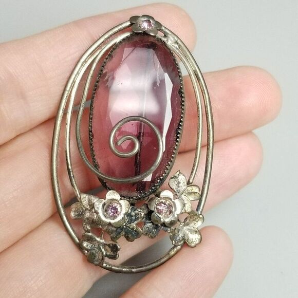 Vintage Sterling Silver Oval Purple Glass Floral Brooch, Retro Lapel Pin, Estate - Picture 1 of 7